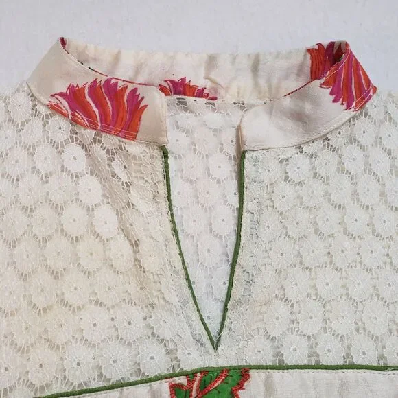 Womens Cream Kurta Top Large Lace Floral Embroidered Bohemian Straight Tunic - Picture 13 of 16